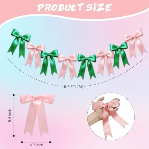 1 String of 8PCS Pink&Green Bow Garland Banner Wicked Party Decoration,Pre-Strung Satin Ribbon Ornaments for Birthday,Bachelorette Party,Wedding,Engagement,Baby Shower,Graduation Decor,Anniversary - Image 2