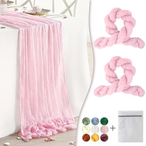 Pink Cheesecloth Table Runner 2 Pack 35" Boho Gauze Runner 120 inches Long Runner Rustic Sheer Fabric Bulk for Boho Baby Shower Wedding Bridal Birthday Party Table Decorations by Waligoy