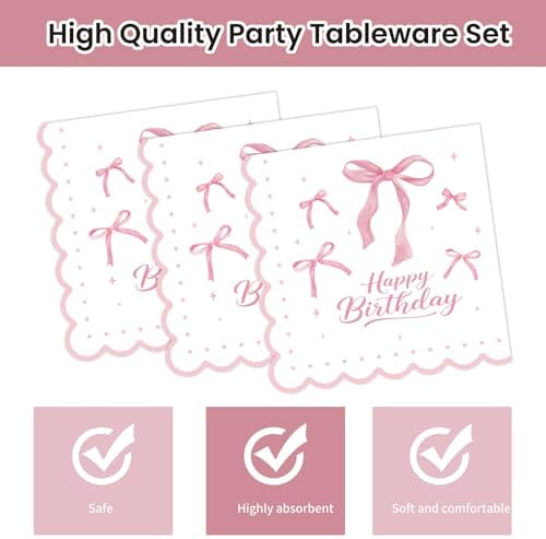 40Pcs Pink Bow Plates and Napkins Party Supplies, 9 Inch Disposable Pink Birthday Plates and Napkins Tableware Set for Bridal Engagement Baby Shower Coquette Birthday Decorations Serve 20 - Image 5
