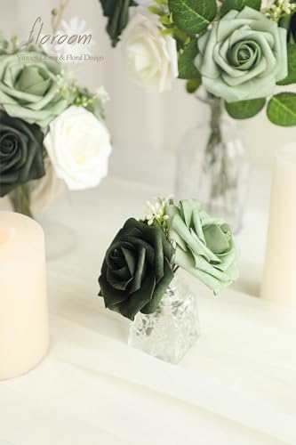 Floroom Artificial Flowers 25pcs Real Looking Emerald Green Ombre Colors Foam Fake Roses with Stems for DIY Wedding Bouquets Bridal Shower Centerpieces Sage Green Floral Arrangements Tables Decoration - Image 3