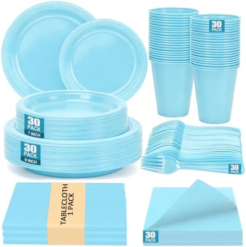 Light Blue Plastic Plates Party Set 30 Guests for Wedding Birthday by UseOnceDoneRight