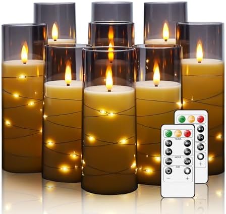 Nimiko Flickering Flameless LED Candles, 9 Pcs with Embedded Star String, Acrylic LED Pillar Candles with Remote, Suitable for Home Decoration (Grey) by Nimiko