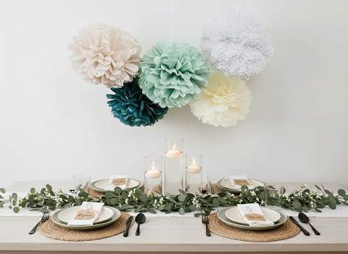 PapaKit 20pc Sage Green Tissue Paper Pom Poms - Elegant Boho Greenery Party Decoration for Wedding, Baby Shower, Bridal Shower, Birthday Backdrop and Floral Hanging Decor - Image 5