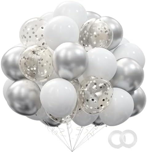 62pcs Party Decorations Balloons Kit - 12 Inches Silver White Confetti Party Balloons for Graduation Birthday Wedding Party Baby Shower Decoration Supplies by OuMuaMua
