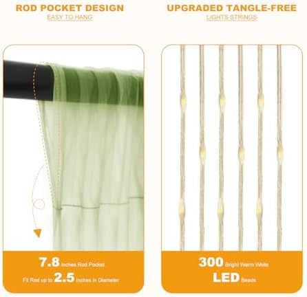 Tulle Curtain Backdrop with 300 LED Fairy Lights for Parites Wrinkle-Free Sheer Curtain Drapes Photo Back Drop for Wedding Baby Shower Bridal Shower Birthday Home Décor - 10ft×10ft, Sage Green - Image 6