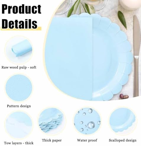 HEIPINIUYE 50 Pcs Light Blue Paper Plates and Napkins Party Supplies Include 7'' Blue Scalloped Plates and 6.5'' Paper Napkins Disposable Tableware Set for Dinner Wedding Birthday Party (Serves 25) - Image 4