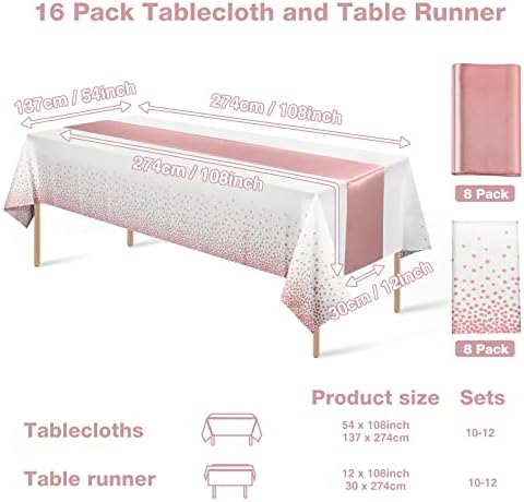 Disposable Plastic Tablecloth (White and Rose Gold Dot) And Satin Table Runner (Rose Gold) Set for Wedding Birthday Baby Shower Anniversary Christmas New Year Party, 16 Pack - Image 2