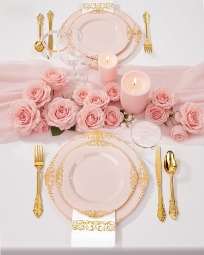 Nervure 350Pcs Pink Plastic Plates, Plastic Dinnerware Set for 50 Guests - Image 5