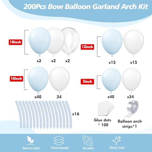 200Pcs Blue and White Balloon Garland Arch Kit - Light Blue White Balloons 18 12 10 5 Inch Different Size Balloons for Birthday Baby Shower Bachelorette Gender Reveal Party Decoration Supplies - Image 2