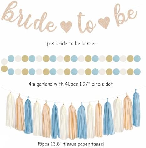Light-Dusty Blue Beige-Champagne Bridal-Shower Party-Decorations - 31pcs Bride to Be Banner,Boho Neutral Bachelorette Paper Lanterns,Wedding Garland,Tissue Pom Poms Flower Fan Decor Supplies Burgleda - Image 2