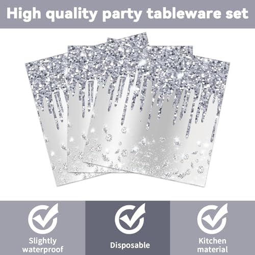 50 Pcs Silver Glitter Disposable Party Plates and Napkins Glitter Diamonds Happy Birthday Party Supplies for 25 Guests Table Decorations for Wedding Silver Birthday Decorations Paper Plates Napkins - Image 4