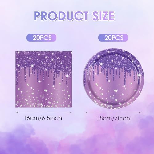 40 PCS Purple Birthday Decorations - Includes 20 Paper Plates and 20 Napkins Purple Silver Glitter Party Supplies for Girl Women’s 21st 30th 40th 50th 60th 70th 75th 80th Birthday,Serves 20 - Image 2