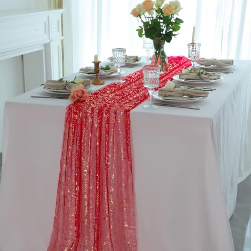 Snowkingdom 3Pcs 10Ft Red Gold Foil Gauze Sheer Table Runner - Image 5