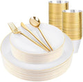 bUCLA 150PCS Gold Plastic Plates Disposable - Gold Dinnerware Set - Include 25 Each (Dinner & Dessert) Plates, 25 Knives, 25 Forks, 25 Spoons & 25 Cups for Party, Thanksgiving, Fall Harvest & Autumn by BUCLA