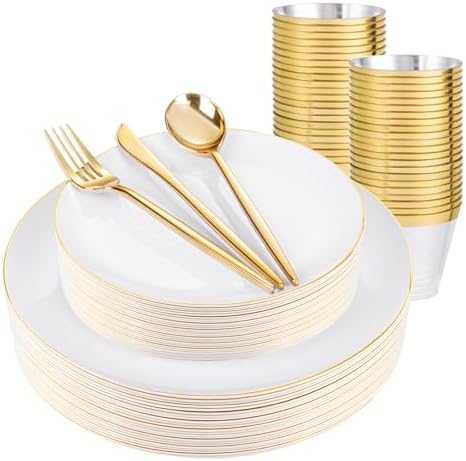 bUCLA 150PCS Gold Plastic Plates Disposable - Gold Dinnerware Set - Include 25 Each (Dinner & Dessert) Plates, 25 Knives, 25 Forks, 25 Spoons & 25 Cups for Party, Thanksgiving, Fall Harvest & Autumn by BUCLA