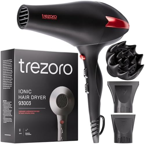 TREZORO Professional Blow Dryer with Diffuser & 2 Nozzles, 2000W, Black by TREZORO