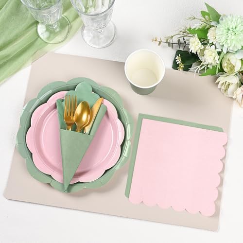 350 Pcs Sage and Pink Paper Plates and Napkins Party Supplies - Pink and Green Birthday Decoration Include Dusty Pink Sage Green Scalloped Plate Napkin Cup & Cutlery for Baby Shower, Wedding, Birthday - Image 6