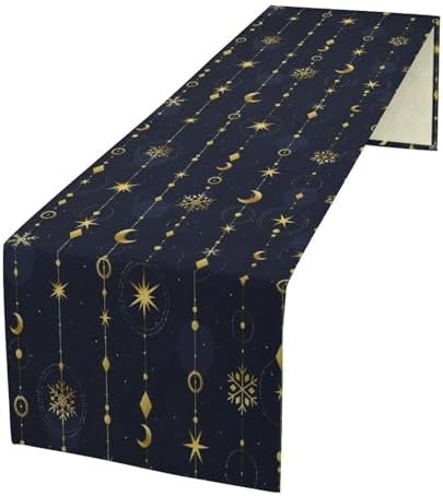 Magical Moon Table Runner Vintage Gold Crescents Stars Snowflakes Christmas Style Dinner Runner for Farmhouse Party Holiday Home Kitchen Dining Table Decoration 13"x90" by SHElifestyle