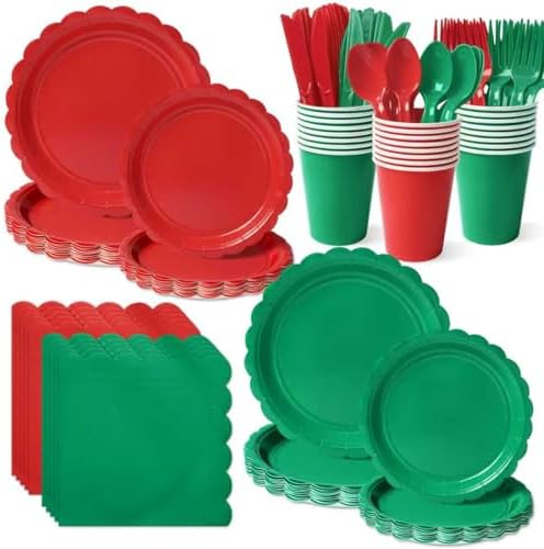 Vyntra 350 Pcs Red and Green Paper Plates and Napkins Party Supplies by PartyTablewareSupplies