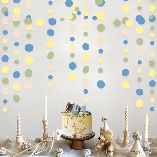 Sage Green Dusty Blue Yellow Beige Polka Dots Garlands Olive Green Macaron Yellow Dusty Blue Sand White Cream Nude Hanging Paper Circle Dots Streamer for Birthday Wedding Shower Party Decorations - Image 6