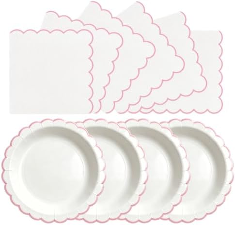 50 Pcs Pink and White Paper Plates and Napkins, 7 Inch Disposable Scalloped Plates & Napkins Party Supplies Cake Dessert Plate Tableware for Baby Shower Bridal Shower Wedding Birthday by Unknown