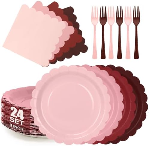 Pink and Burgundy Paper Plates and Napkins,Include Gradient 9inch Plates Napkins Forks Disposable Party Supplies for Baby Shower,Birthday,Wedding,Serves 24 by CENLBJ