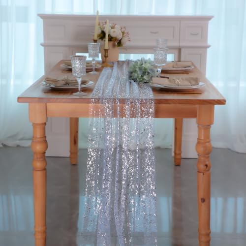 Snowkingdom 6PCS Light Blue Silver Snowflake Table Runner 10FT - Image 5