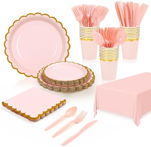 FrutPunch 176 Pieces of Pink Paper Plates, Party Plates, Cups, Napkins Sets by FrutPunch