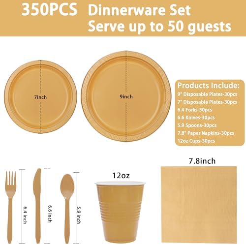 MirthMood 350PCS Gold Plastic Plates,Gold Disposable Plates –Plastic Plates Set Includes 50 Dinner,50 Dessert Plate,50 Cup&50 Napkins, 50 gold Silverware for Wedding& Parties& Birthday - Image 6