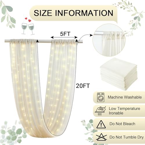 Ivory Ceiling Drapes with Lights String for Weddings, 6 Panels 5ftx20ft Sheer Tulle Backdrop Photo Background Drapes for Wedding Ceremony Birthday Party Arch Decoration - Image 3
