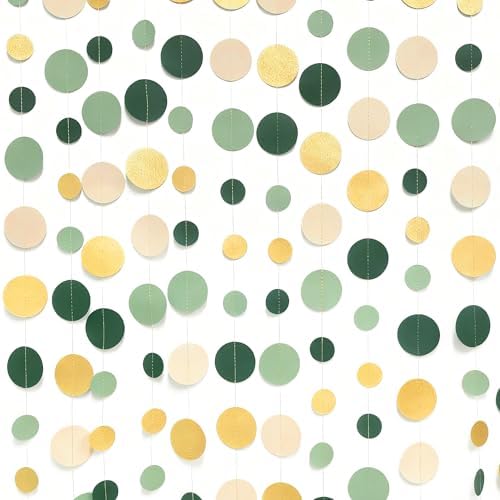 Sage Green Gold Beige Party Polka Dot Garlands Oilve Green Glitter Gold Hanging Paper Circle Dots Streamer for Birthday Wedding Shower Engagement Retirement Boho Safari Party Decorations Supplies - Image 4