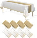 8Pack Disposable Plastic Tablecloths and Satin Table Runner Set White and Gold Dot Tablecloth Gold Satin Table Runner for Wedding Birthday Baby Shower Anniversary Christmas New Year Party Decorations by MASHAN