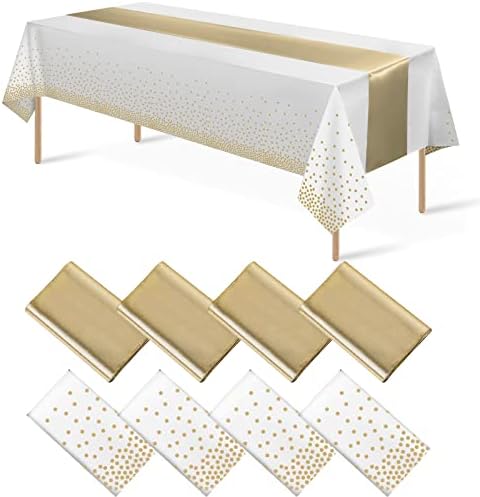8Pack Disposable Plastic Tablecloths and Satin Table Runner Set White and Gold Dot Tablecloth Gold Satin Table Runner for Wedding Birthday Baby Shower Anniversary Christmas New Year Party Decorations by MASHAN