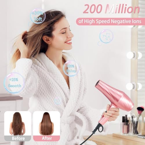 Ionic Hair Dryer,2400W Negative Ion Low Noise Hair Dryer Professional Fast Drying Hair Dryers with 2 Speeds, 3 Heat Settings, Cooling Button,with Diffuser for Curly and Straight Hair（Sakura Pink） - Image 3