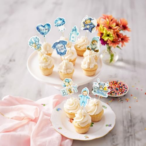 Gyufise 40Pcs Baby Boy Cupcake Toppers Baby Shower Decorations for Boys Balloon Star Moon Bear It's a Boy Cupcake Picks for Baby Shower Kids Boys Birthday Party Supplies Deep Blue - Image 6