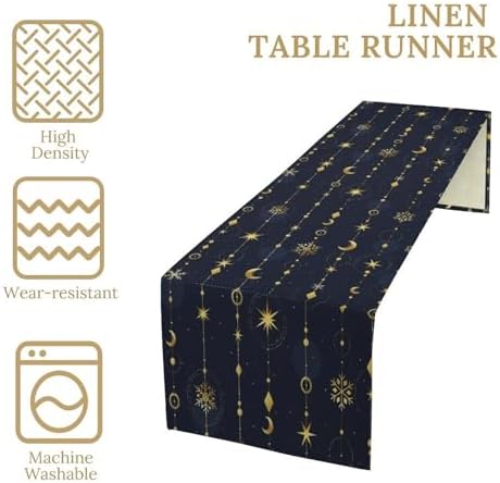 Magical Moon Table Runner Vintage Gold Crescents Stars Snowflakes Christmas Style Dinner Runner for Farmhouse Party Holiday Home Kitchen Dining Table Decoration 13"x60" - Image 4