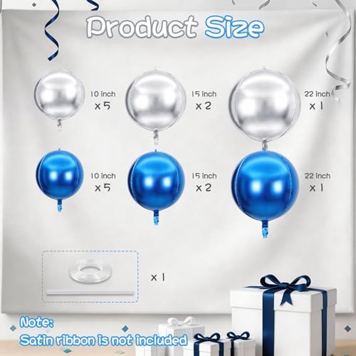 Togvu Blue Silver Round Foil Balloons, 16PCS Different Sizes 4D Ball Balloon - Image 2