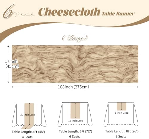 6 Pack Beige Cheesecloth Table Runner, 17 x 108 inch, Semi Sheer Boho Cheese Cloth Fabric Table Runner Bulk for Wedding , Birthday, Party, Holiday, Home Decor (Beige) - Image 3