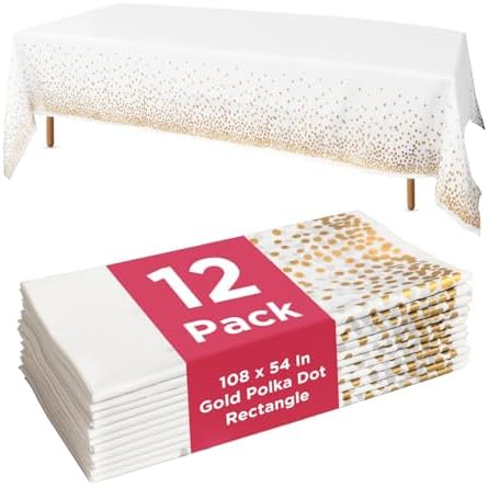 Prestee 12-Pack White and Gold Tablecloth - 54x108 Inch - Disposable Table Covers for Party, Weddings, and Holidays - Waterproof Christmas Tablecloth, Stain-Resistant Plastic Table Cover Set by Prestee