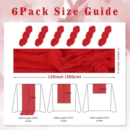6 Pack Red 10FT Cheesecloth Table Runner Rustic Gauze Fabric Cheese Cloth Table Runner for Wedding Bridal Baby Shower Table Decor Boho Sheer Birthday Party Table Decorations 20 x 120 Inch Long - Image 2