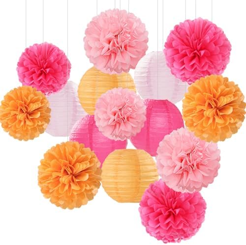 Pink-Orange Party-Decorations Paper-Flowers Lanterns - 15PCS Fall Wedding Birthday Tissue Pom Poms Streamers, Boho Baby Bridal Shower Graduation Sunset Hanging Supplies Decor Hugfond by Hugfond