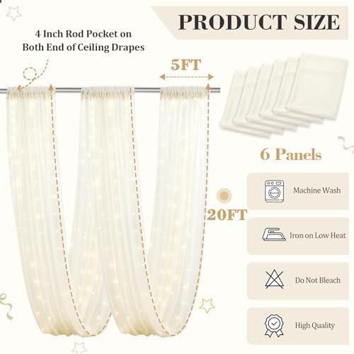 6 Panels Beige Ceiling Curtains with Lights for Weddings - 5ftx20ft Wrinkle-Free Tulle Fabric Wedding Arch Draping Ceiling Drapes Decorations for Wedding Party Ceremony Stage Tent Event - Image 2
