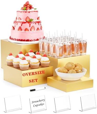 Metal Buffet Risers,4PCS OVERSIZED Food Risers for Buffet Table 8''X9''10''X11'' Display Stand with Mini Acrylic Signs for Catering Dessert Collectibles Jewelry Figures Show Gold Cube Boxes Nesting Risers with Hollow Bottoms by YFEEN