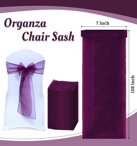 MDS Pack of 75 Organza Chair Sashes for Wedding & Event Décor – Eggplant - Image 3