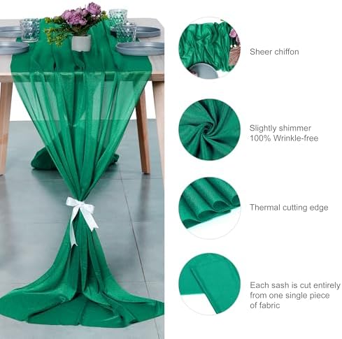 Pack of 5 Chiffon Table Runners 29 x 120 Inch, 10FT Long - Emerald Green - Image 6