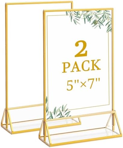 Floroom 2 Pack 5x7 Inch Clear Acrylic Sign Holders, Gold Border Double-Sided Vertical Picture Frames & Display Stands for Table Numbers, Photos, Menus, Flyers, Weddings, Parties & Events by Floroom