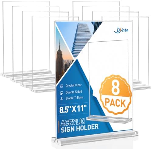 Dynta 8 Pack Acrylic Sign Holder 8.5 x 11, Clear Display Stand with Stable Base, Double Sided Table Sign Holder for Menus, Flyers, Office & Business Countertop Use by Dynta