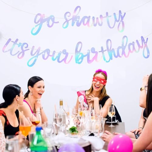 BEISHIDA Iridescent Go Shawty It's Your Birthday Banner - NO DIY - Hip Hop Theme Glitter Happy Birthday Banner - Pre-Strung - Black Rap Theme Happy Birthday Sign for Man Women birthday Party Supply - Image 4