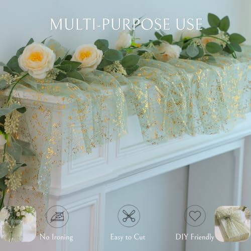 10Pcs Sage Green Gold Table Runner 10Ft Metallic Foil Shimmer Sheer Gauze - Image 6