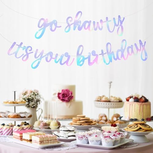 BEISHIDA Iridescent Go Shawty It's Your Birthday Banner - NO DIY - Hip Hop Theme Glitter Happy Birthday Banner - Pre-Strung - Black Rap Theme Happy Birthday Sign for Man Women birthday Party Supply - Image 6